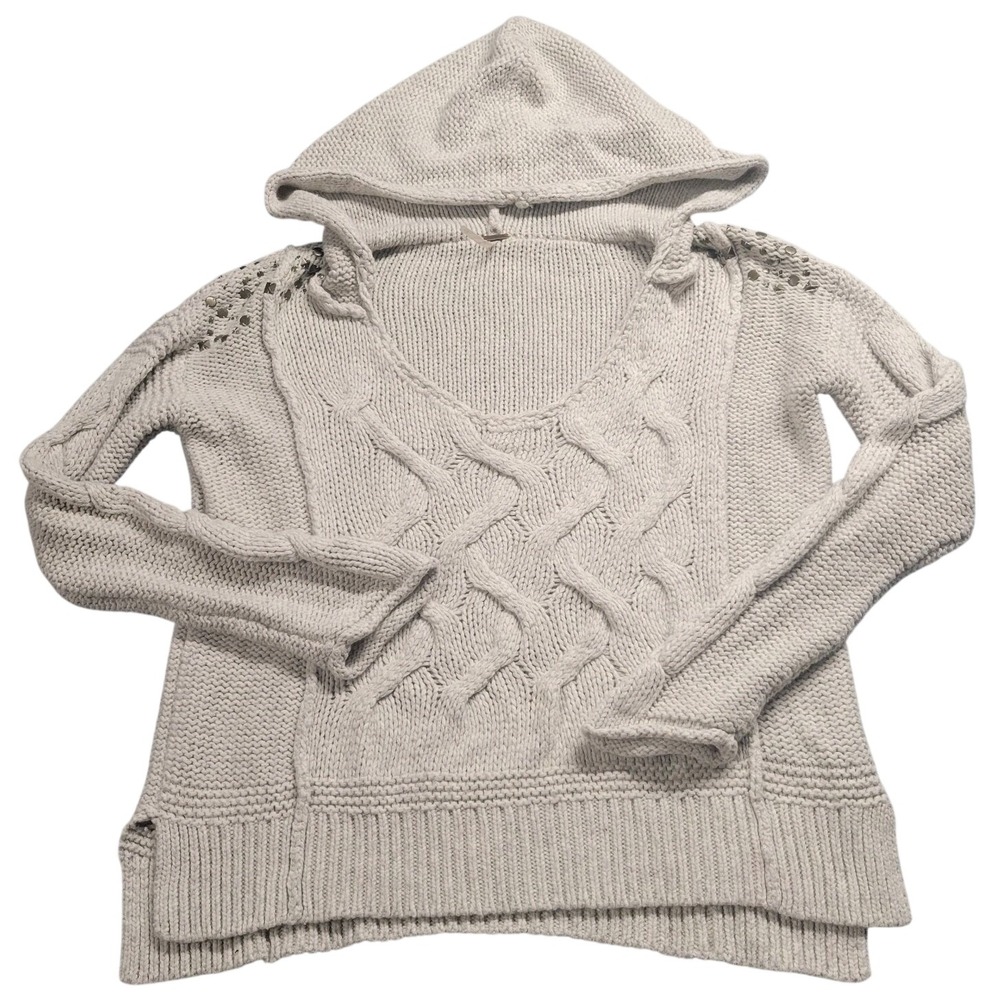 Free People Oatmeal Beige Cable Knit Studded Hooded Sweater Angora Blend Medium